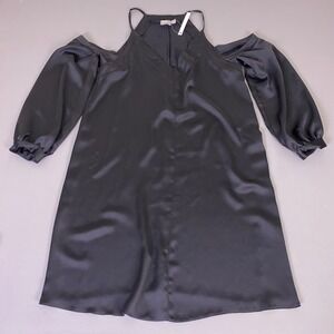 ASOS Satin Shift Dress Women's Size 6 Black Cold Shoulder V-Neck Long Sleeve NWT